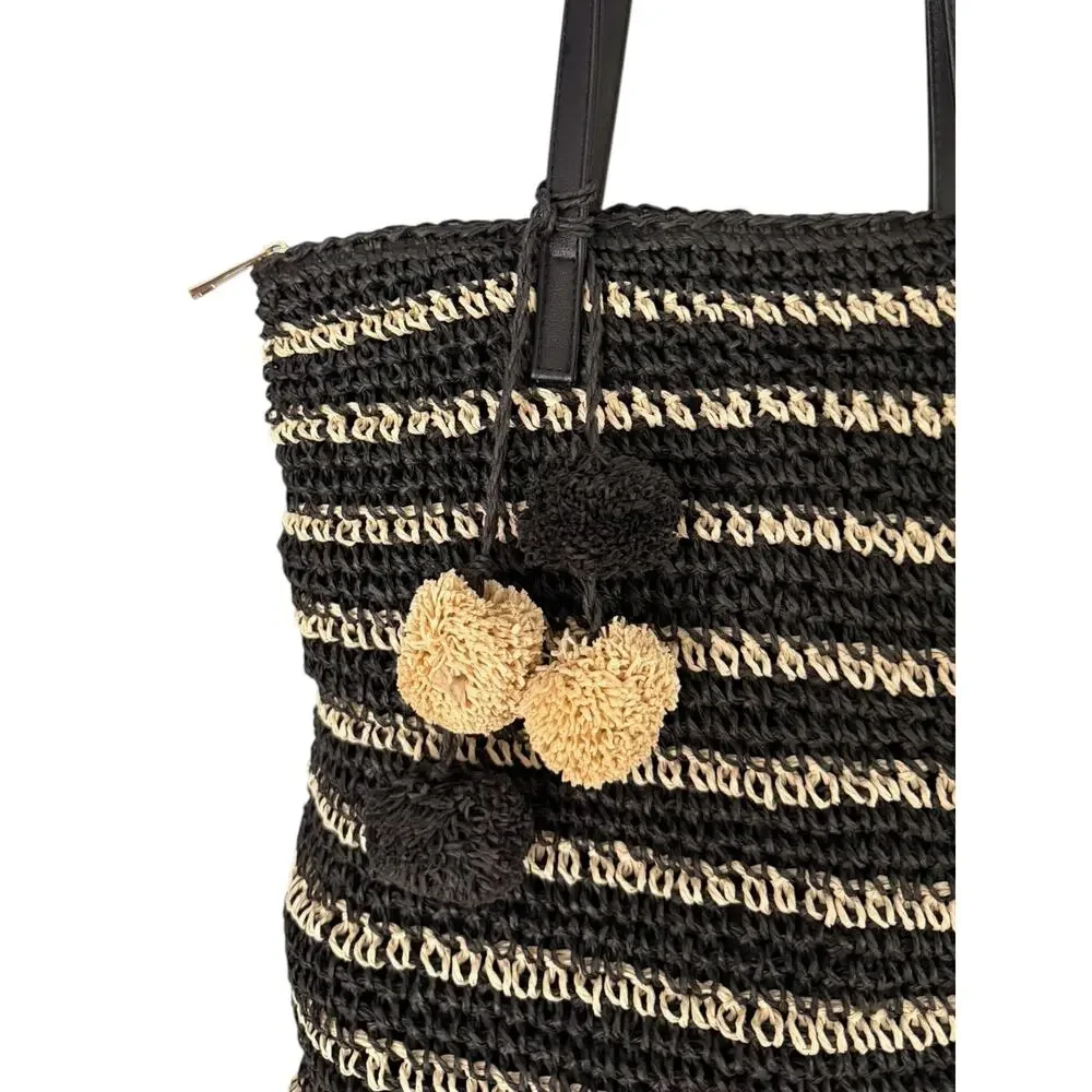 BTB Los Angeles Black Natural Striped Paper Straw Pom Pom Tote Beach Bag